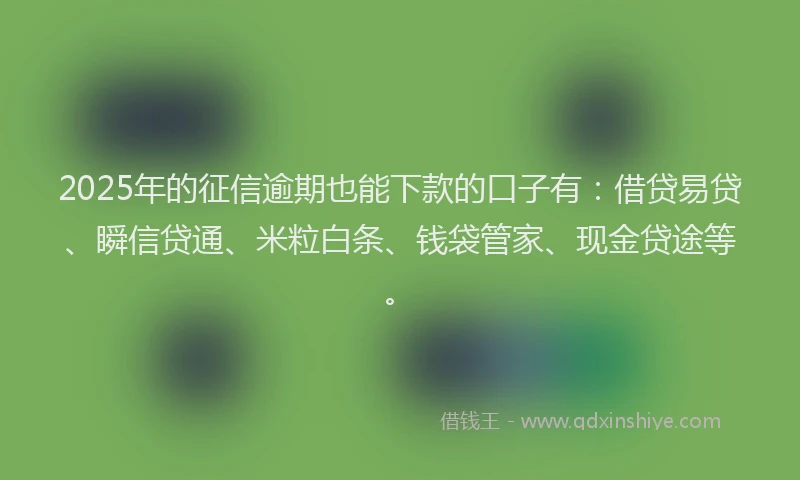 2025年的征信逾期也能下款的口子有：借贷易贷、瞬信贷通、米粒白条、钱袋管家、现金贷途等。