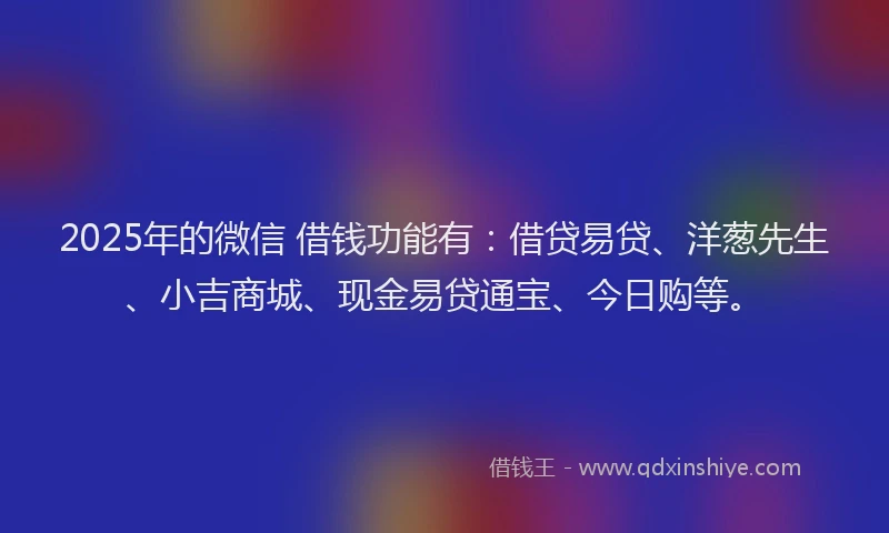 2025年的微信 借钱功能有：借贷易贷、洋葱先生、小吉商城、现金易贷通宝、今日购等。