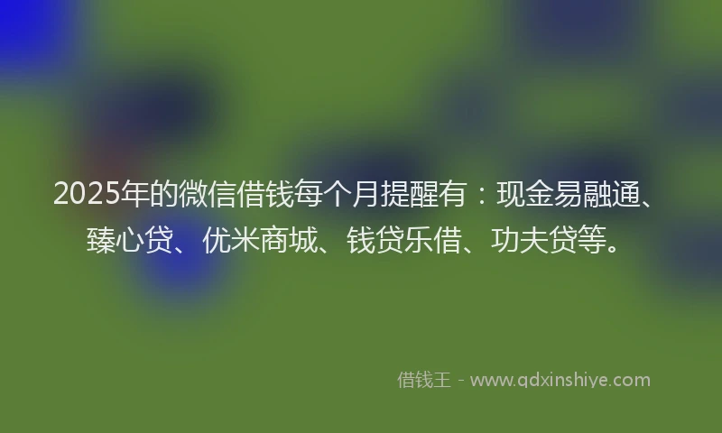 2025年的微信借钱每个月提醒有：现金易融通、臻心贷、优米商城、钱贷乐借、功夫贷等。
