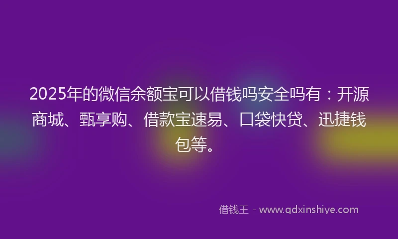 2025年的微信余额宝可以借钱吗安全吗有：开源商城、甄享购、借款宝速易、口袋快贷、迅捷钱包等。