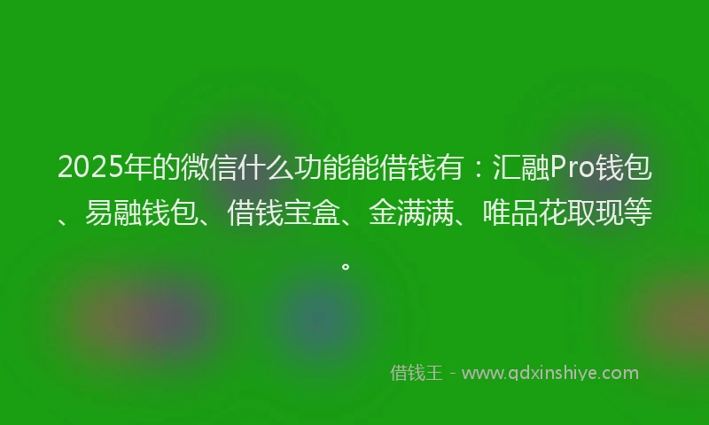 2025年的微信什么功能能借钱有：汇融Pro钱包、易融钱包、借钱宝盒、金满满、唯品花取现等。
