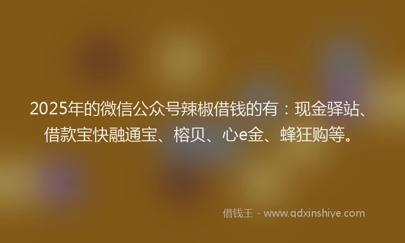 2025年的微信公众号辣椒借钱的有：现金驿站、借款宝快融通宝、榕贝、心e金、蜂狂购等。