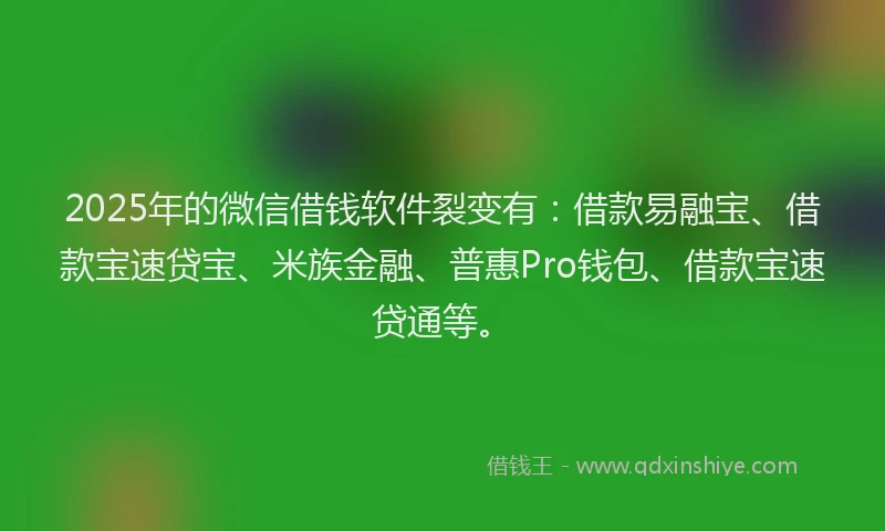 2025年的微信借钱软件裂变有：借款易融宝、借款宝速贷宝、米族金融、普惠Pro钱包、借款宝速贷通等。
