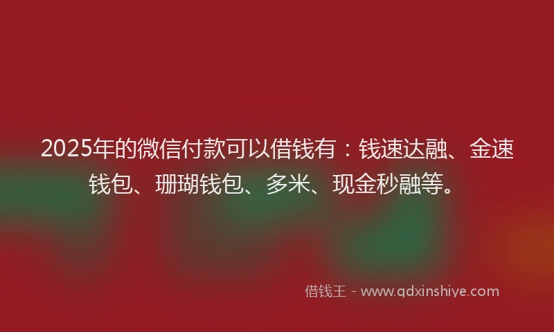 2025年的微信付款可以借钱有：钱速达融、金速钱包、珊瑚钱包、多米、现金秒融等。