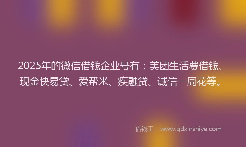 2025年的微信借钱企业号有：美团生活费借钱、现金快易贷、爱帮米、疾融贷、诚信一周花等。