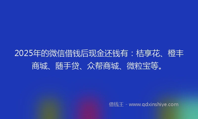 2025年的微信借钱后现金还钱有：桔享花、橙丰商城、随手贷、众帮商城、微粒宝等。