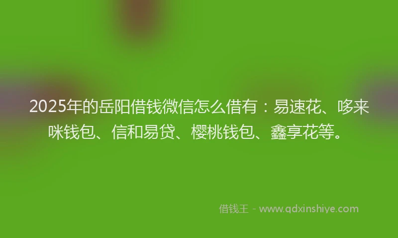 2025年的岳阳借钱微信怎么借有：易速花、哆来咪钱包、信和易贷、樱桃钱包、鑫享花等。
