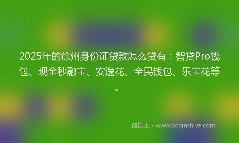 2025年的徐州身份证贷款怎么贷有:智贷Pro钱包、现金秒融宝、安逸花、全民钱包、乐宝花等。