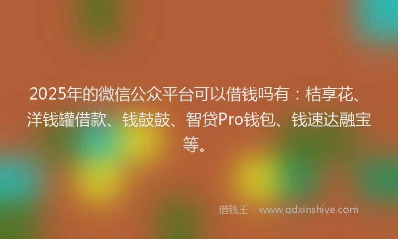 2025年的微信公众平台可以借钱吗有：桔享花、洋钱罐借款、钱鼓鼓、智贷Pro钱包、钱速达融宝等。