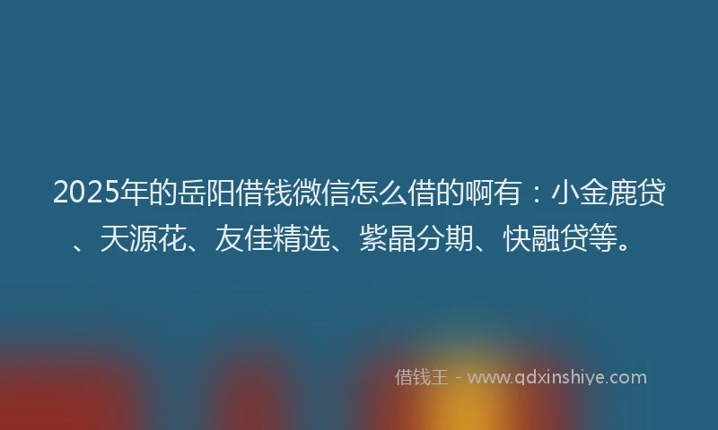 2025年的岳阳借钱微信怎么借的啊有:小金鹿贷、天源花、友佳精选、紫晶分期、快融贷等。