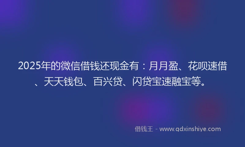 2025年的微信借钱还现金有：月月盈、花呗速借、天天钱包、百兴贷、闪贷宝速融宝等。
