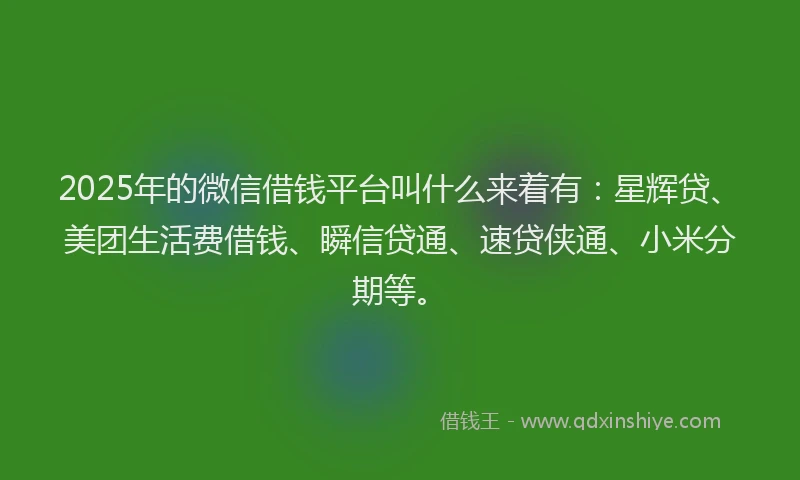 2025年的微信借钱平台叫什么来着有：星辉贷、美团生活费借钱、瞬信贷通、速贷侠通、小米分期等。