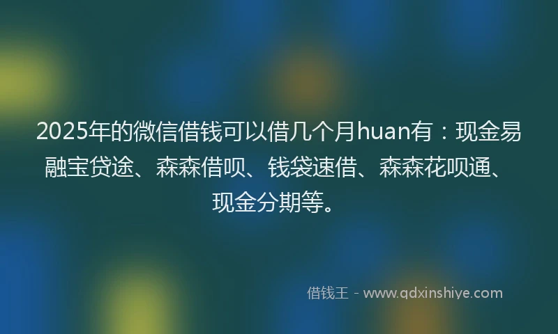2025年的微信借钱可以借几个月huan有：现金易融宝贷途、森森借呗、钱袋速借、森森花呗通、现金分期等。