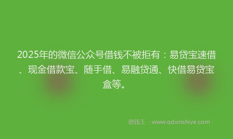 2025年的微信公众号借钱不被拒有：易贷宝速借、现金借款宝、随手借、易融贷通、快借易贷宝盒等。