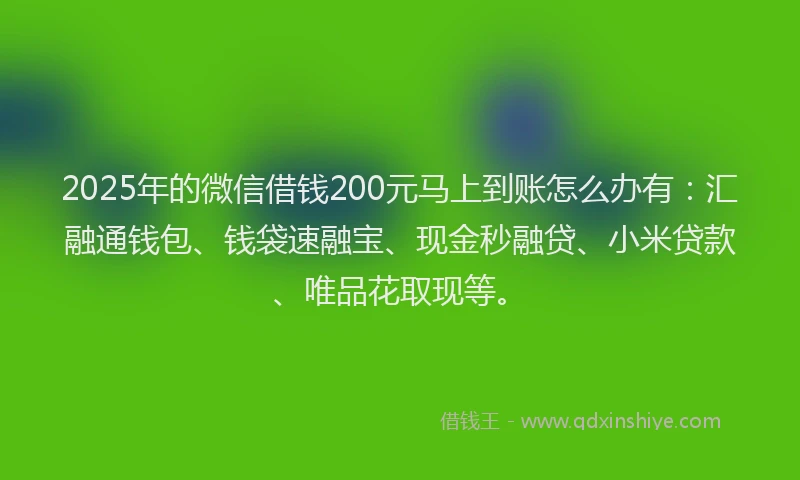 2025年的微信借钱200元马上到账怎么办有：汇融通钱包、钱袋速融宝、现金秒融贷、小米贷款、唯品花取现等。