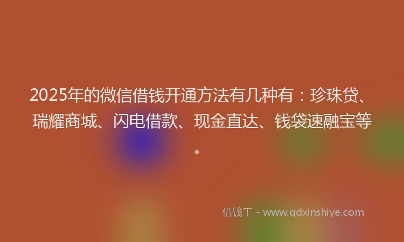 2025年的微信借钱开通方法有几种有：珍珠贷、瑞耀商城、闪电借款、现金直达、钱袋速融宝等。