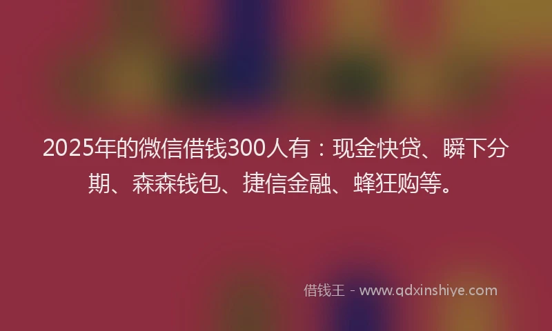 2025年的微信借钱300人有:现金快贷、瞬下分期、森森钱包、捷信金融、蜂狂购等。