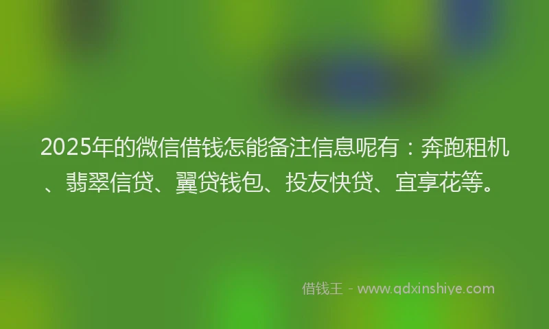 2025年的微信借钱怎能备注信息呢有:奔跑租机、翡翠信贷、翼贷钱包、投友快贷、宜享花等。