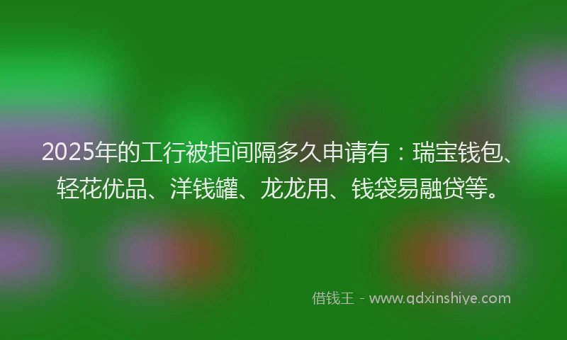 2025年的工行被拒间隔多久申请有：瑞宝钱包、轻花优品、洋钱罐、龙龙用、钱袋易融贷等。