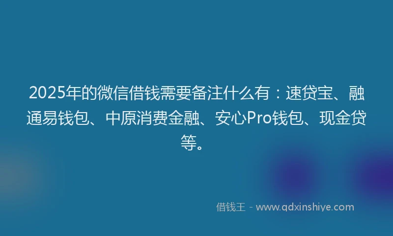 2025年的微信借钱需要备注什么有：速贷宝、融通易钱包、中原消费金融、安心Pro钱包、现金贷等。
