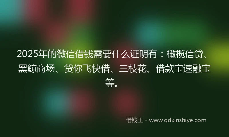 2025年的微信借钱需要什么证明有：橄榄信贷、黑鲸商场、贷你飞快借、三枝花、借款宝速融宝等。