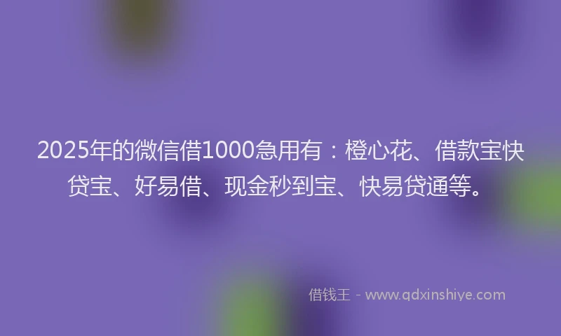 2025年的微信借1000急用有：橙心花、借款宝快贷宝、好易借、现金秒到宝、快易贷通等。