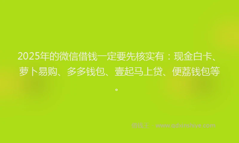 2025年的微信借钱一定要先核实有：现金白卡、萝卜易购、多多钱包、壹起马上贷、便荔钱包等。
