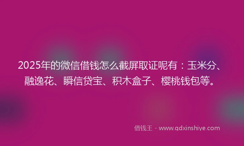 2025年的微信借钱怎么截屏取证呢有:玉米分、融逸花、瞬信贷宝、积木盒子、樱桃钱包等。