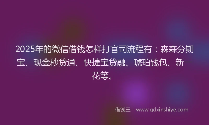 2025年的微信借钱怎样打官司流程有:森森分期宝、现金秒贷通、快捷宝贷融、琥珀钱包、新一花等。