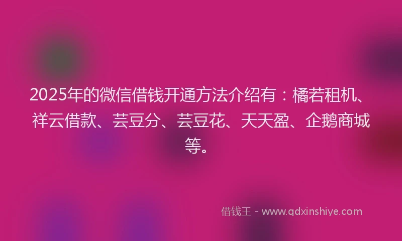 2025年的微信借钱开通方法介绍有:橘若租机、祥云借款、芸豆分、芸豆花、天天盈、企鹅商城等。
