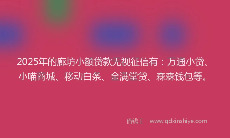 2025年的廊坊小额贷款无视征信有：万通小贷、小喵商城、移动白条、金满堂贷、森森钱包等。