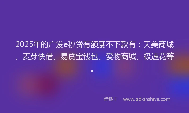 2025年的广发e秒贷有额度不下款有：天美商城、麦芽快借、易贷宝钱包、爱物商城、极速花等。