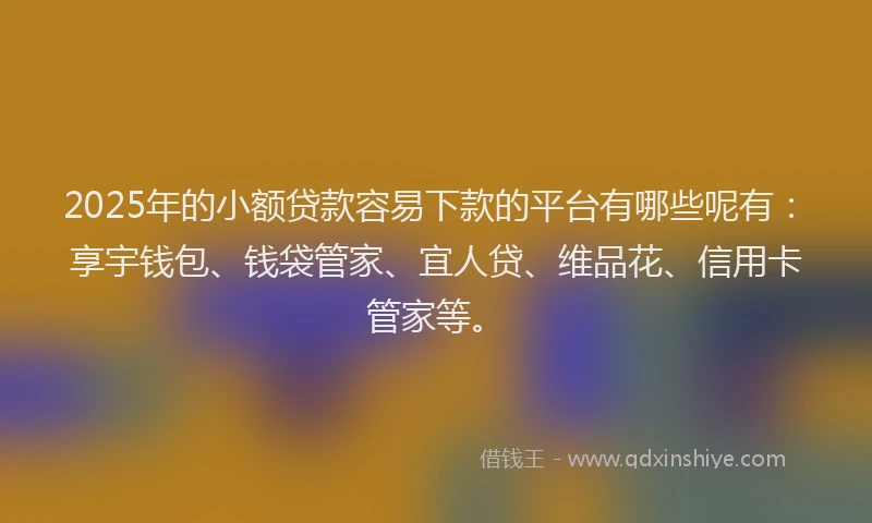 2025年的小额贷款容易下款的平台有哪些呢有:享宇钱包、钱袋管家、宜人贷、维品花、信用卡管家等。
