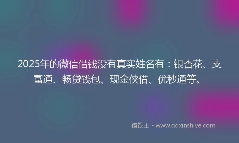 2025年的微信借钱没有真实姓名有：银杏花、支富通、畅贷钱包、现金侠借、优秒通等。