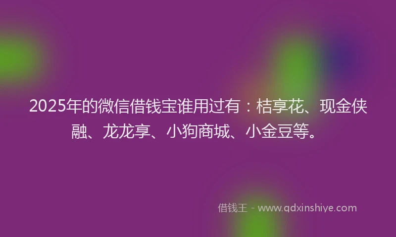 2025年的微信借钱宝谁用过有：桔享花、现金侠融、龙龙享、小狗商城、小金豆等。