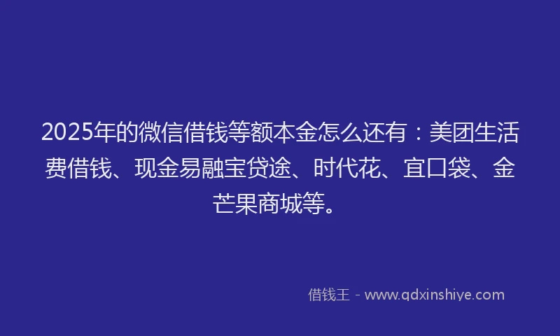 2025年的微信借钱等额本金怎么还有：美团生活费借钱、现金易融宝贷途、时代花、宜口袋、金芒果商城等。