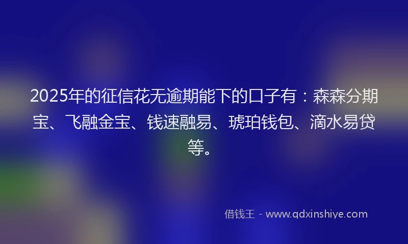 2025年的征信花无逾期能下的口子有：森森分期宝、飞融金宝、钱速融易、琥珀钱包、滴水易贷等。
