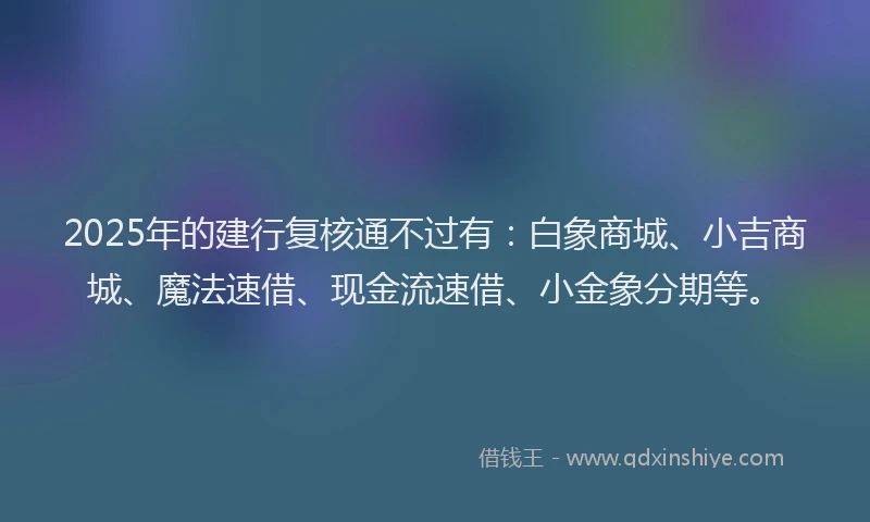 2025年的建行复核通不过有：白象商城、小吉商城、魔法速借、现金流速借、小金象分期等。