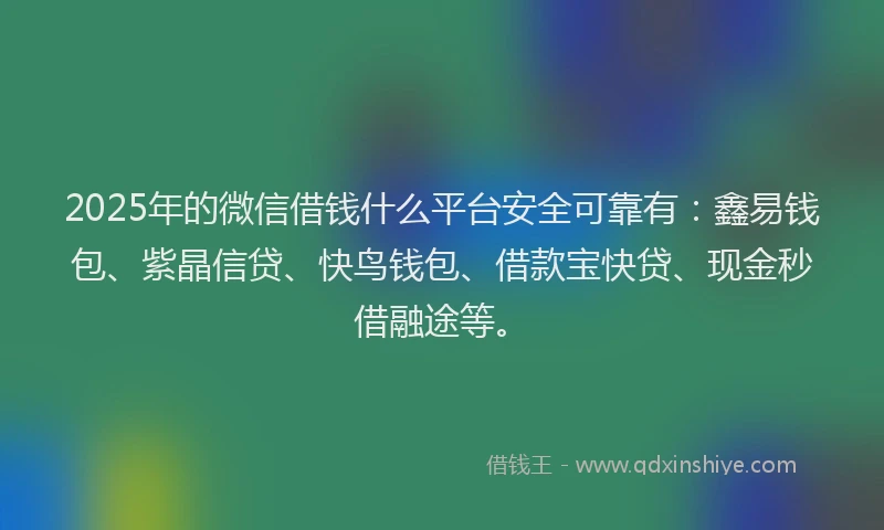 2025年的微信借钱什么平台安全可靠有:鑫易钱包、紫晶信贷、快鸟钱包、借款宝快贷、现金秒借融途等。
