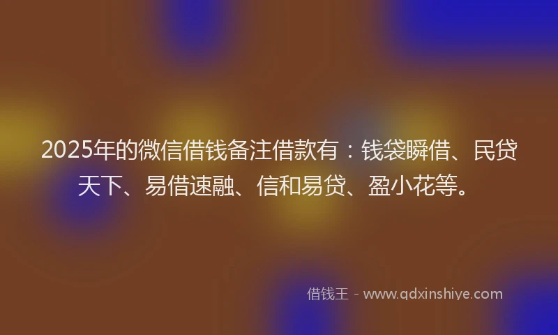 2025年的微信借钱备注借款有：钱袋瞬借、民贷天下、易借速融、信和易贷、盈小花等。