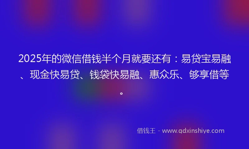 2025年的微信借钱半个月就要还有:易贷宝易融、现金快易贷、钱袋快易融、惠众乐、够享借等。