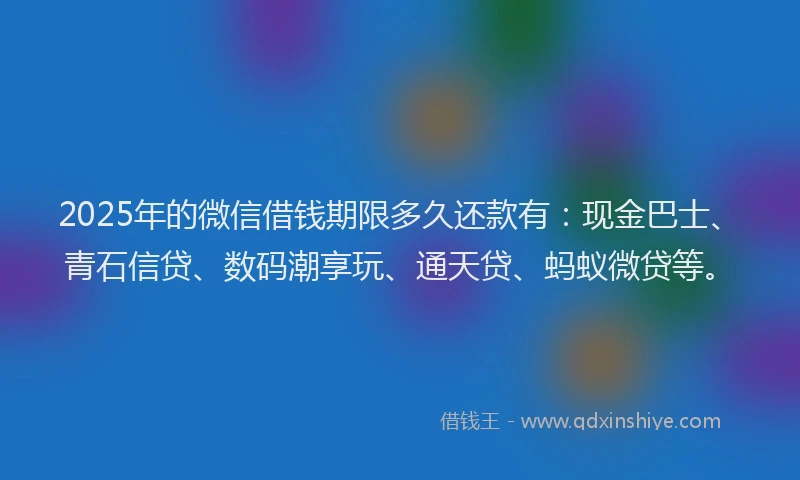2025年的微信借钱期限多久还款有:现金巴士、青石信贷、数码潮享玩、通天贷、蚂蚁微贷等。