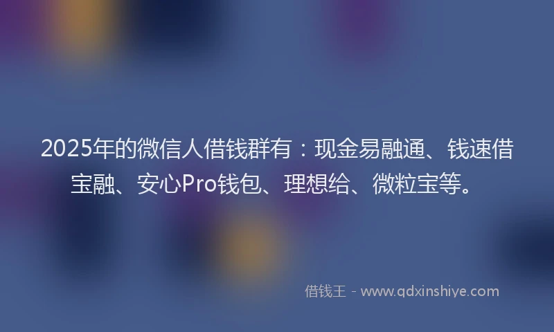 2025年的微信人借钱群有：现金易融通、钱速借宝融、安心Pro钱包、理想给、微粒宝等。