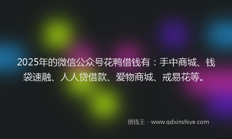 2025年的微信公众号花鸭借钱有：手中商城、钱袋速融、人人贷借款、爱物商城、戒易花等。