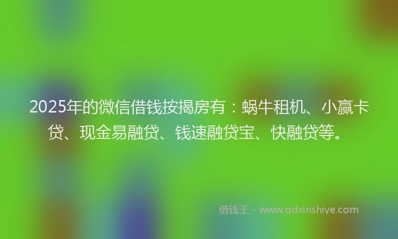 2025年的微信借钱按揭房有:蜗牛租机、小赢卡贷、现金易融贷、钱速融贷宝、快融贷等。