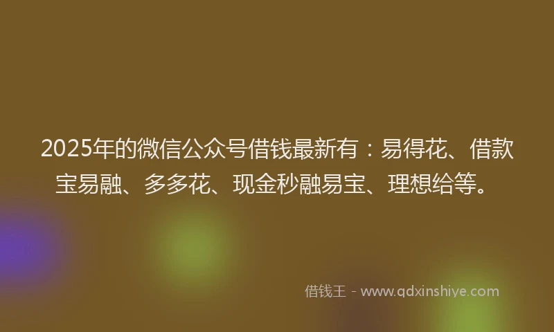 2025年的微信公众号借钱最新有：易得花、借款宝易融、多多花、现金秒融易宝、理想给等。