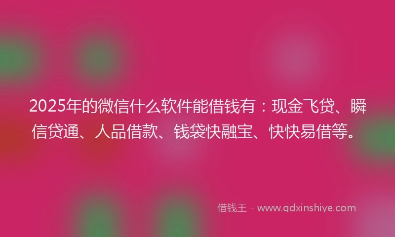 2025年的微信什么软件能借钱有：现金飞贷、瞬信贷通、人品借款、钱袋快融宝、快快易借等。