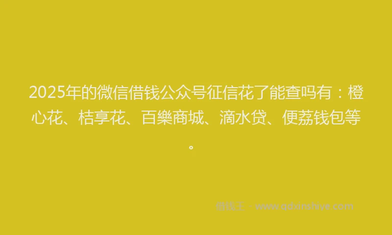 2025年的微信借钱公众号征信花了能查吗有：橙心花、桔享花、百樂商城、滴水贷、便荔钱包等。