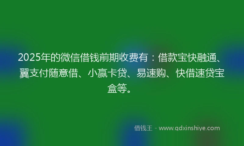 2025年的微信借钱前期收费有：借款宝快融通、翼支付随意借、小赢卡贷、易速购、快借速贷宝盒等。