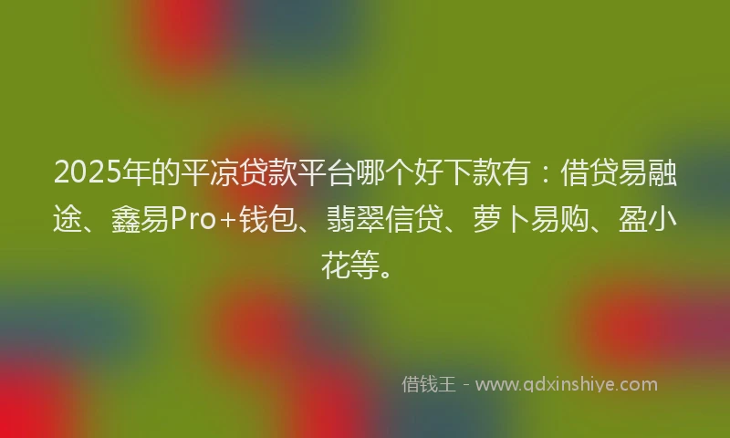 2025年的平凉贷款平台哪个好下款有：借贷易融途、鑫易Pro+钱包、翡翠信贷、萝卜易购、盈小花等。